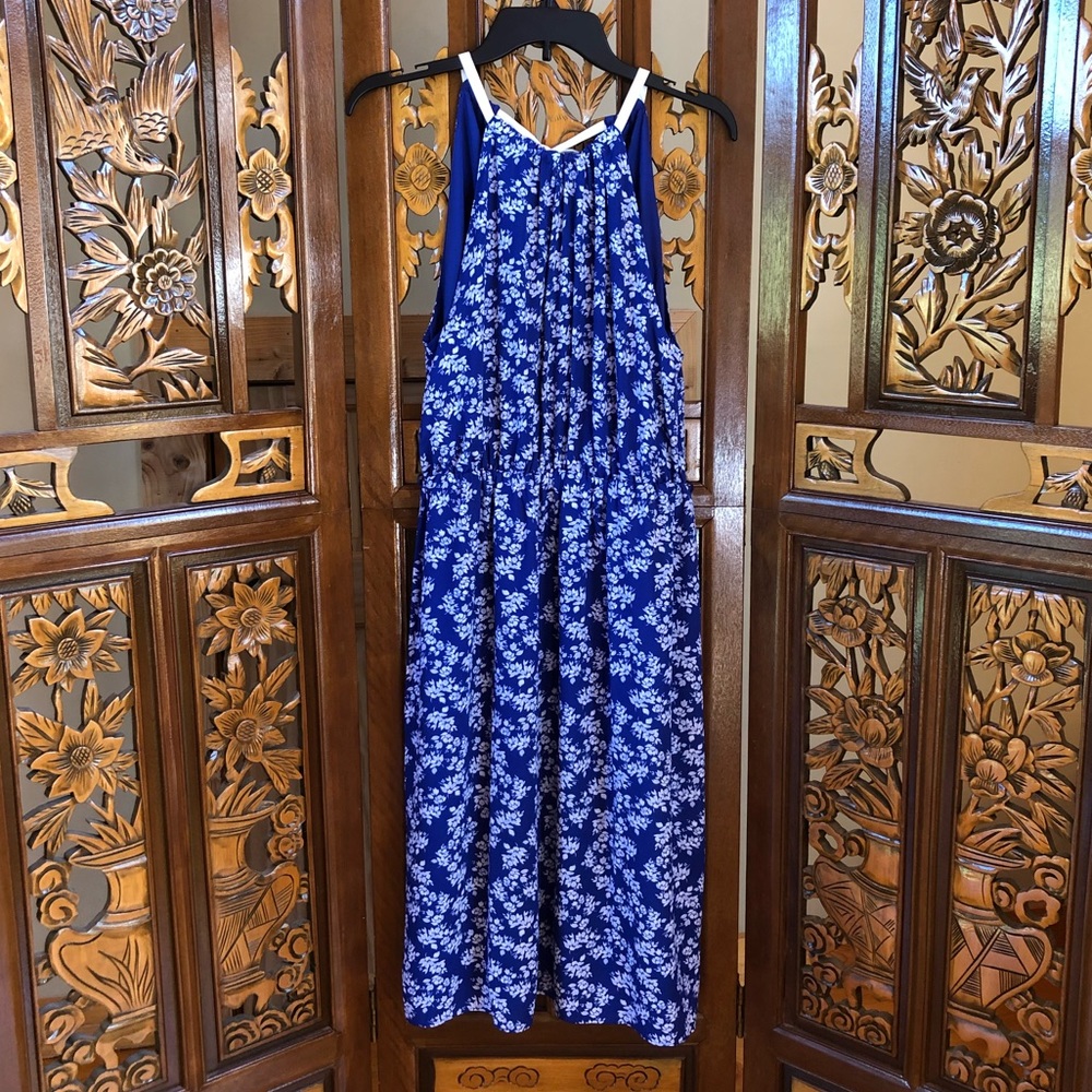 The Limited Blue Floral Dress Women Sz PM Sleeveless Strap Bow Back Midi Adult